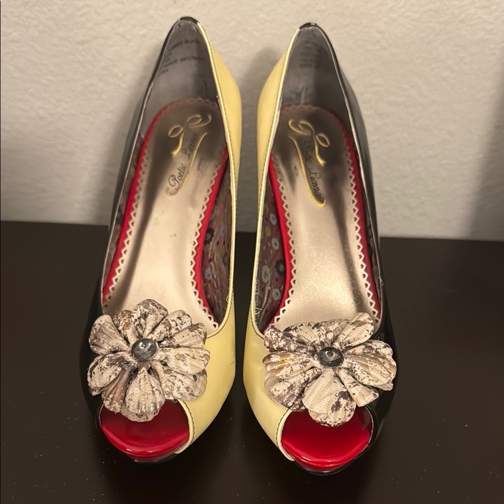 Poetic License Black and Yellow Heels with Floral Embellishment